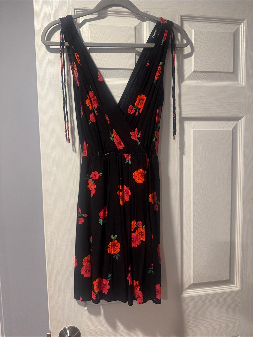 Express Black Mini Dress with Red and Orange Floral Print